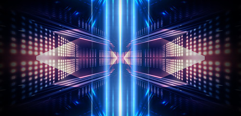 Background of empty show scene. Empty dark modern abstract neon background. Glow of neon lights on an empty stage, diodes, rays and lines. Lights of the night city.