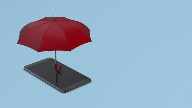 A smartphone with an umbrella, concept of computer security and data protection, copy space, seamless loop (3d render)