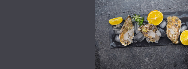 fresh raw oysters on ice with lemon slices on stone slate, mollusk of the Atlantic Ocean