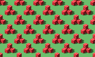 3d render of red casino dices on green table pattern. Seamless isometric texture. Flat lay print