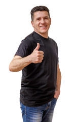 Smiling middle-aged caucasian man gesturing thumb up isolated on white background