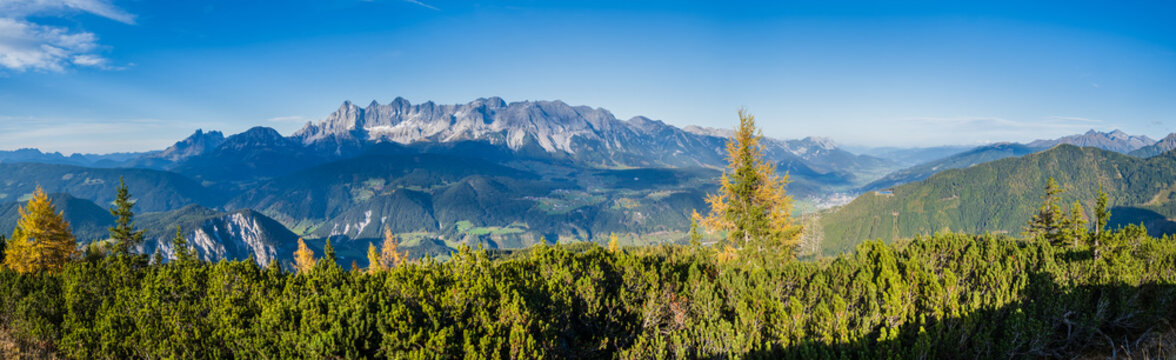 Peaceful autumn Alps mountain view. Reiteralm, Steiermark, Austria.