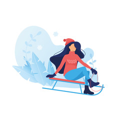 Girl in warm clothes sledding in the snow. Winter game sport vector flat illustration. Outdoor snow recreation, cartoon character. frozen plants isolated background. Winter web banner design. Vector