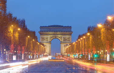 The famous Triumphal arch and Champs Elysees avenue,Paris.