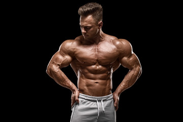 Fototapeta premium Muscular man showing muscles isolated on the black background. Strong male naked torso abs