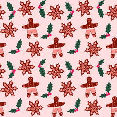 Christmas and New Year seamless pattern with gingerbread man, snowflake and Christmas holly plant. Holiday vector illustration.