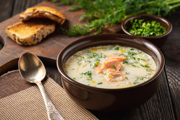 Homemade salmon and leek creamy soup.