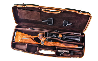 Open modern case for hunting rifle. Sniper gun unfold weapon isolated on white background top view.