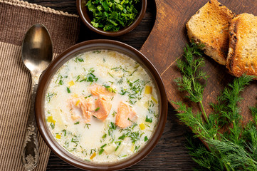 Homemade salmon and leek creamy soup.