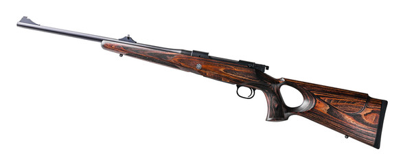 Hunting rifle large-caliber equipped isolated on white background. Perfect gun wooden design without scopic sight.