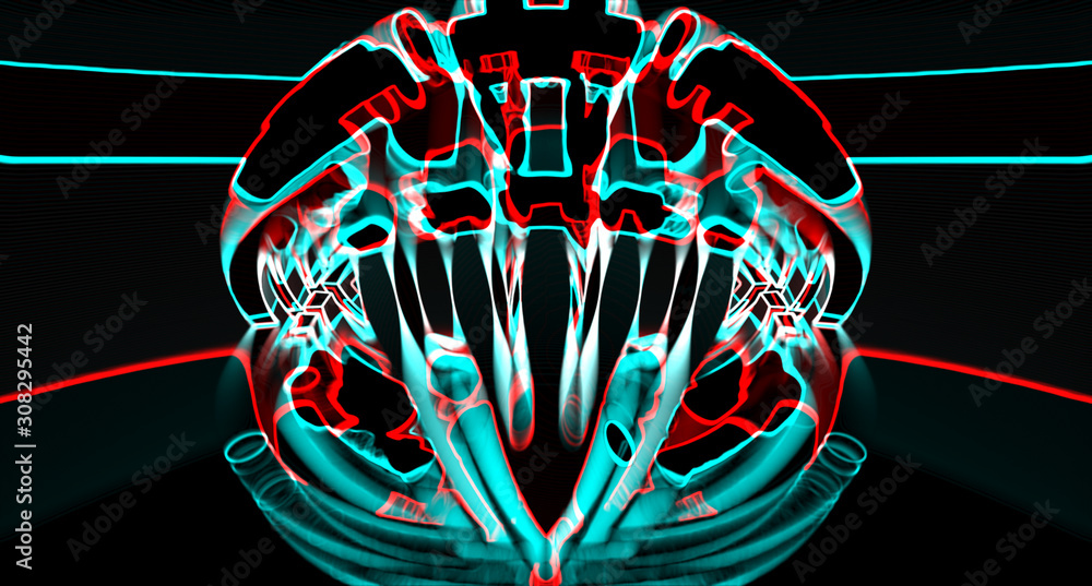 Poster abstract geometric three-dimensional composition with a central pattern of luminous elements, neon c