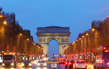 The famous Triumphal arch and Champs Elysees avenue,Paris.