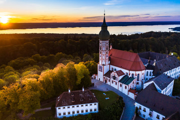 Andechs Monastery, aerial view at sunset, Ammersee, Fünfseenland, Pfaffenwinkel, Upper Bavaria,...