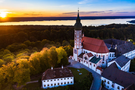 Andechs Monastery, aerial view at sunset, Ammersee, F&uuml;nfseenland, Pfaffenwinkel, Upper Bavaria, Bavaria, Germany,