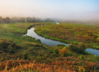 autumn river. picturesque autumn morning. colorful dawn