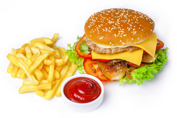 appetizing burger with fries and sauce on a white plate