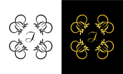 Luxurious vintage monograms. Decorative ornament on dark and light background with letter I. Gold and black pattern. Template for monogram or brand.