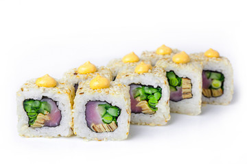 sushi with herbs and rice on a white background
