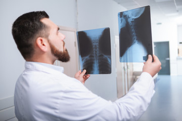 Naklejka na ściany i meble Rear view shot of a male practitioner comparing two x-ray scans of the spine of a patient