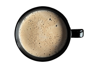 Tasty coffee in a black big mug on a white background. Morning concept. Coffee  isolated  stock image