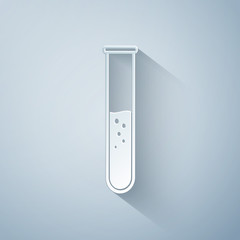 Paper cut Test tube and flask - chemical laboratory test icon isolated on grey background. Paper art style. Vector Illustration