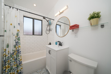 Modern interior bathroom shower sink toilet design - obrazy, fototapety, plakaty