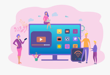 People watch videos with a remote control and a television multimedia box. Television console, smart set-top box. Colorful vector illustration