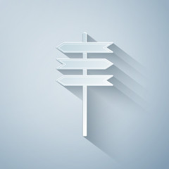 Paper cut Road traffic sign. Signpost icon on grey background. Pointer symbol. Blank board with place for text. Isolated street information sign. Direction sign. Paper art style. Vector Illustration