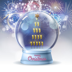 Realistic vector illustration of snow globe with pyramid of champagne golden glasses inside. Firework holiday  background