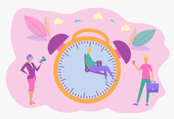 Alarm clock rings in the morning, work time management concept, quick reaction to wake up. Colorful vector illustration