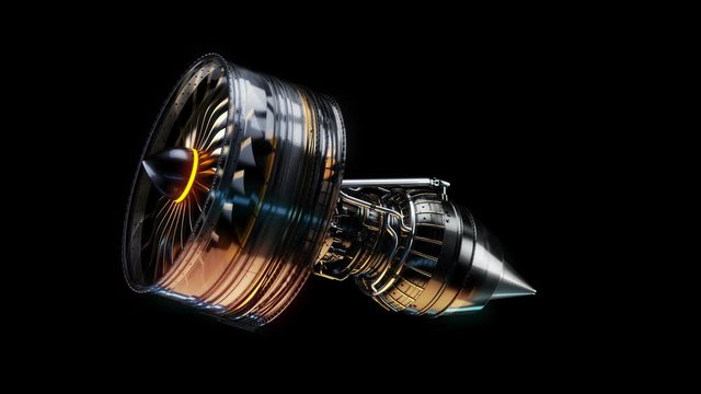 Part of real airplane turbine on dark background, turnaround 3d rendering