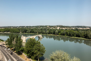 The Saint Bénézet bridge, known as the Avignon bridge, facing the city of Villeneuve les vignon. Vaucluse. France.