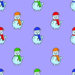 Snowman. Seamless vector pattern. An endlessly repeating ornament. Isolated lilac background. Christmas. New Year. Idea for web design, wallpaper, cover, packaging, textiles. Cartoon style. 