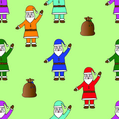 Pattern Santa Claus and bag with gifts. Fairytale character. Green background. Christmas. New Year. Holiday print.