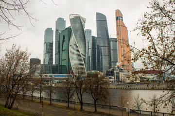 view of the river embankment and the modern architectural complex Moscow city on a cloudy day