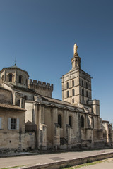 Fototapeta na wymiar Avignon cathedral (Cathedral of Our Lady of Doms) next to Papal palace (Palais des Papes) under blue sky in Avignon