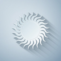 Paper cut Sun icon isolated on grey background. Paper art style. Vector Illustration