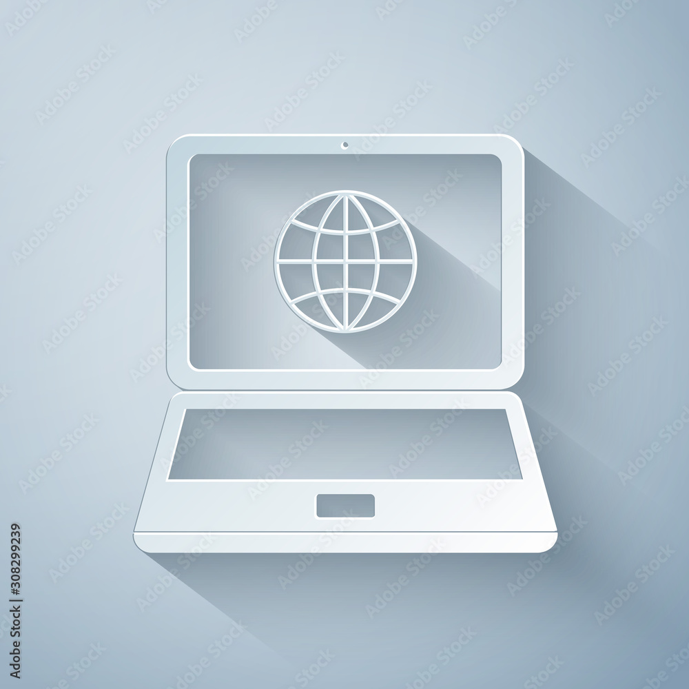 Poster paper cut globe on screen of laptop icon isolated on grey background. notebook computer with globe s