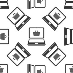 Black Shopping basket on screen laptop icon isolated seamless pattern on white background. Concept e-commerce, e-business, online business marketing. Vector Illustration