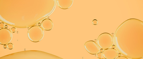 Beauty concept background. Closeup cosmetic liquid gel with bubbles on yellow colors background. 3d rendering illustration.