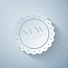 Paper cut New product label, badge, seal, sticker, tag, stamp icon isolated on grey background. Paper art style. Vector Illustration