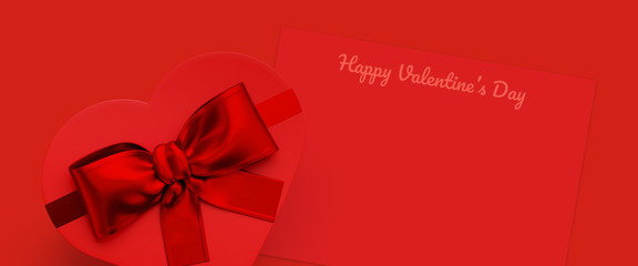 Valentine's Day and love background. Red heart shape gift box and red bow ribbon on red background. 3d rendering illustration.