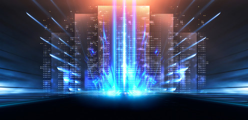 Background of empty show scene. Empty dark modern abstract neon background. Glow of neon lights on an empty stage, diodes, rays and lines. Lights of the night city.