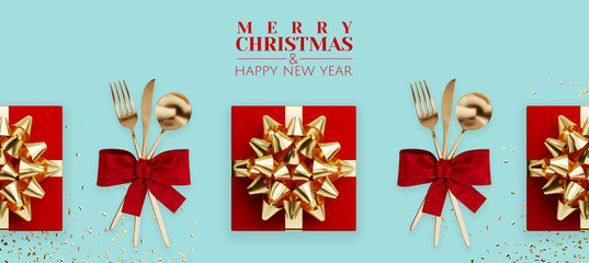 Fototapeta na wymiar Merry Christmas and Happy New Year web banner. Red gifts box, golden glitter and golden bow ribbon on blue background. 3d rendering illustration.