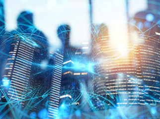 Business people collaborate together in office. Internet connection effects. Double exposure...