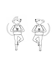 Set of yoga mice on a white background - Fantasy character. Symbol of 2020. Outline drawing of a yoga mouse (rat), coloring page. Seamless pattern for printing on fabric, wrapping paper, postcard