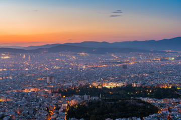 Fototapeta na wymiar View over the Athens at dusk from Lycabettus hill, Greece.