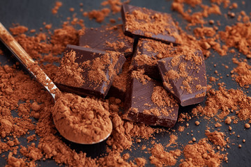 Broken dark chocolate with cocoa powder
