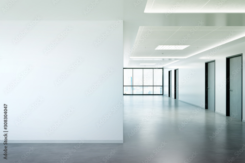 Aufkleber Blank wall in office mockup with large windows and sun passing through 3D rendering