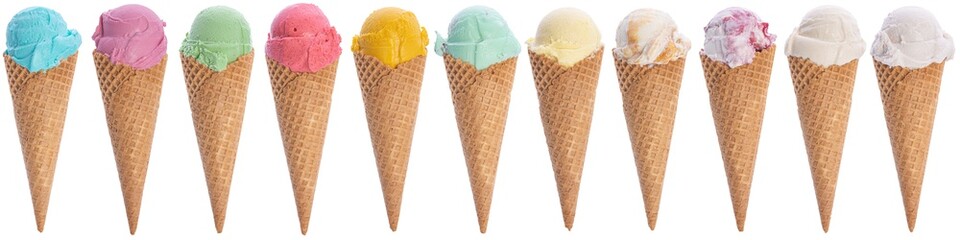 colorful ice cream cones on white